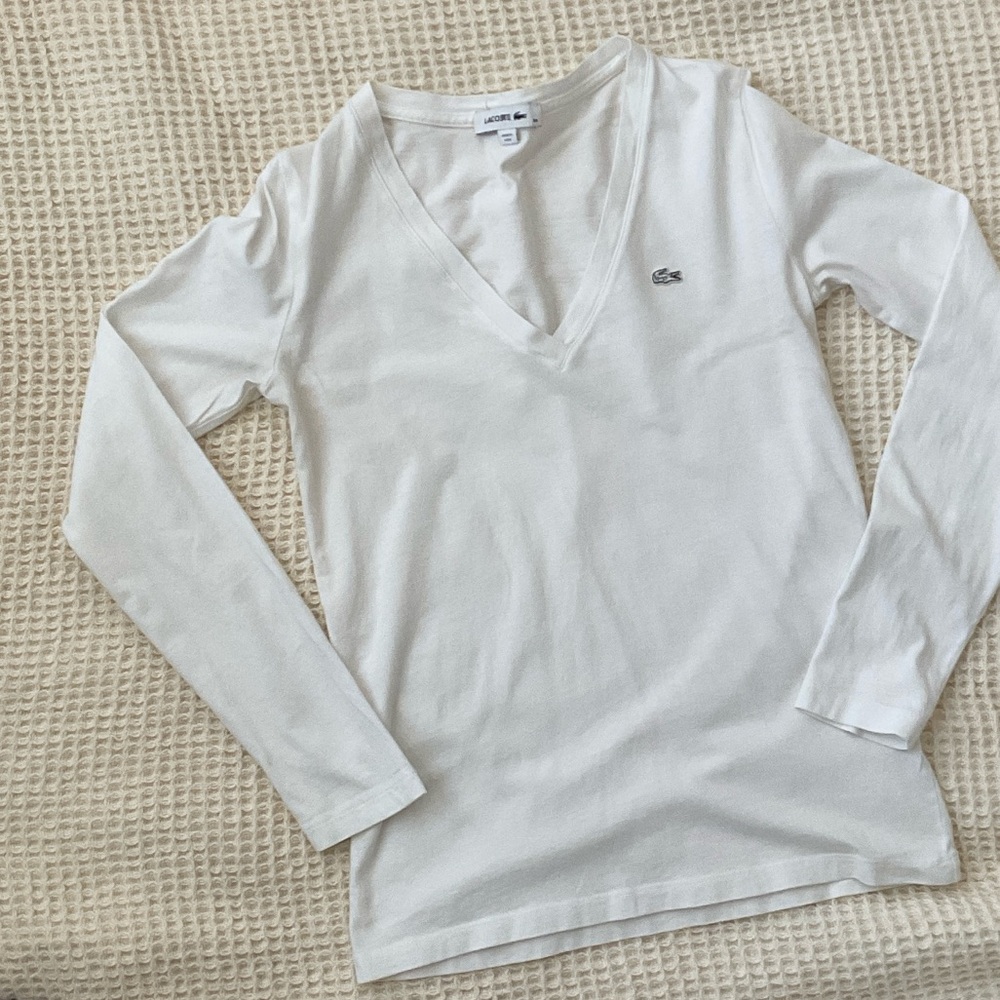 Lacoste Women's Classic White V-Neck Long Sleeve Tee